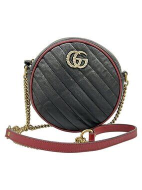 Gucci Shoulder Bag GG Marmont Round Mini Black Gold Quilted Chain Leather